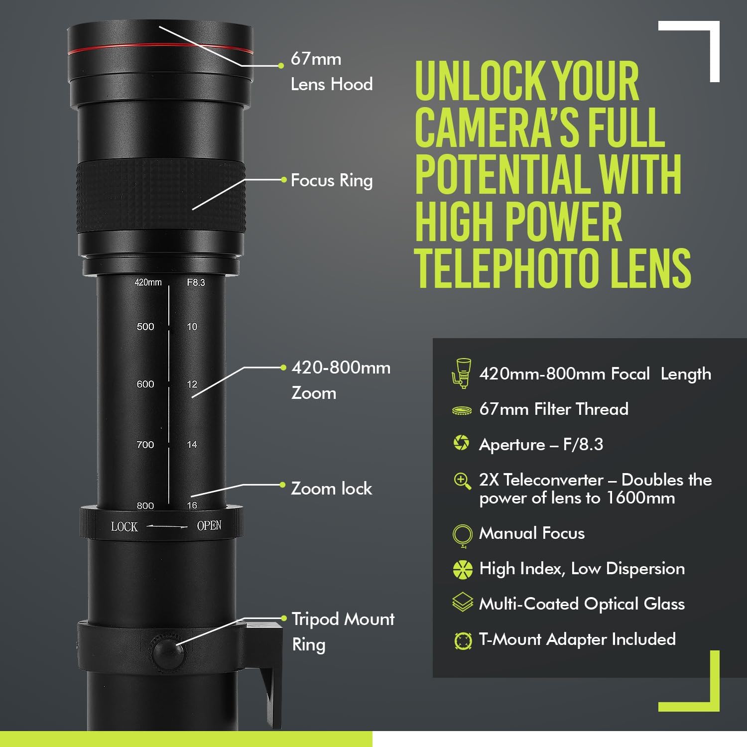 High-Power 420-1600mm f/8.3 HD Manual Telephoto Lens for Nikon D500, D600, D610, D700, D750, D800, D800e, D810, D810a, D850, D3400, D5000, D5100, D5200, D5300, D5500, D5600, D7100, D7200, D7500 DSLR - Image 2