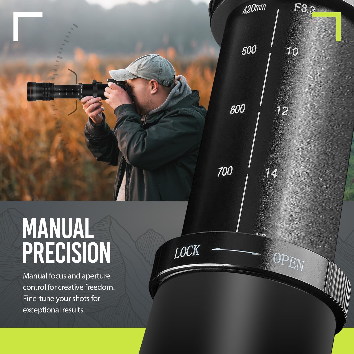 High-Power 420-1600mm f/8.3 HD Manual Telephoto Lens for Nikon D500, D600, D610, D700, D750, D800, D800e, D810, D810a, D850, D3400, D5000, D5100, D5200, D5300, D5500, D5600, D7100, D7200, D7500 DSLR - Image 4